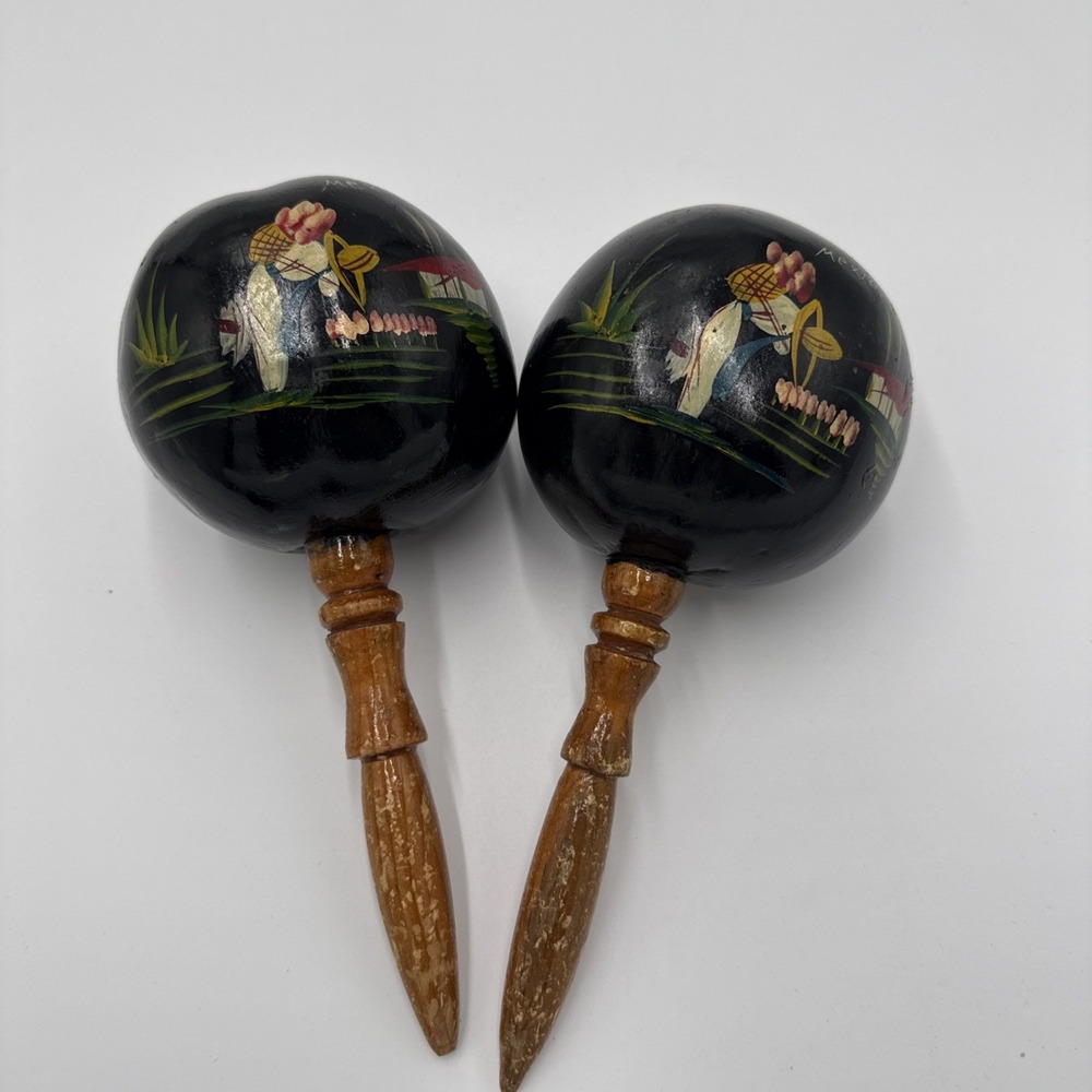 Vintage Pair of Hand Painted Mexican Gourd Maracas Folk Art Souvenir
